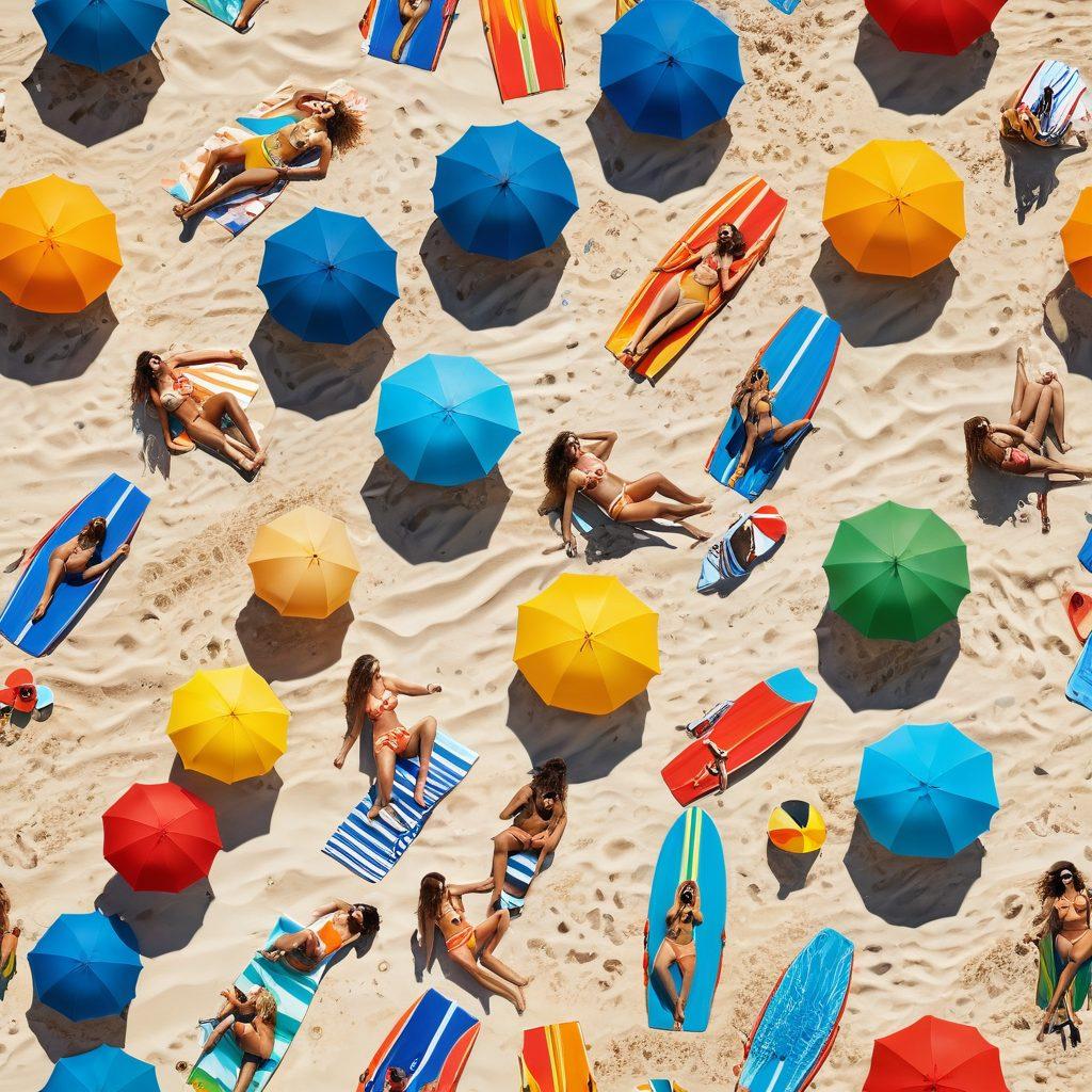 A vibrant beach scene featuring diverse models showcasing the latest bikini styles and beachwear trends, surrounded by sun-kissed sand, crystal-clear waves, and colorful beach umbrellas. Add playful beach accessories like surfboards and beach balls to enhance the summer vibe. Include a bright blue sky with fluffy clouds for a perfect summer day backdrop. super-realistic. vibrant colors. 3D.